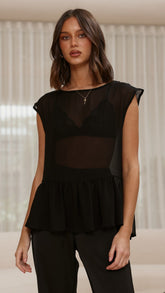 Deana Long Line Sheer Top - Black
