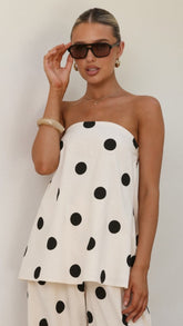 Hazelle Strapless Top - Beige/Black Polka Dot