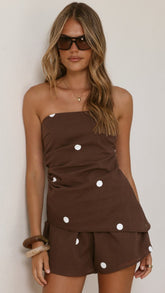 Gia Strapless Top and Shorts Set - Choc/White Polka Dot