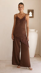 Hayleigh Asymmetrical Top and Pants Set - Chocolate/Lace