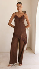Hayleigh Asymmetrical Top and Pants Set - Chocolate/Lace