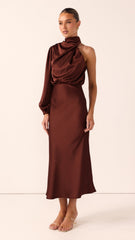 Esther One Shoulder Long Sleeve Dress - Brown