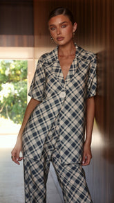 Imogen Button Shirt - Blue/Cream Plaid