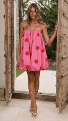 Everly Strapless Mini Dress - Pink/Red Polka