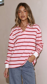 Jayana Collared Jersey Top - Red/Pink Stripe