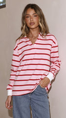 Jayana Collared Jersey Top - Red/Pink Stripe