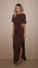 Doja Short Sleeve Tie Waist Maxi Dress - Chocolate