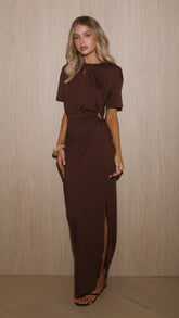 Doja Short Sleeve Tie Waist Maxi Dress - Chocolate