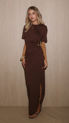 Doja Short Sleeve Tie Waist Maxi Dress - Chocolate