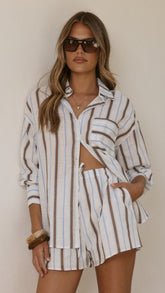 Elita Long Sleeve Button Up Shirt and Shorts Set - Choc/Blue Stripe