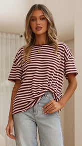 Clara Tee - Burgundy/Pink Stripe