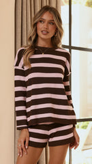 Jaeden Long Sleeve Top & Shorts Set - Pink/Chocolate Stripe