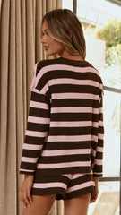 Jaeden Long Sleeve Top & Shorts Set - Pink/Chocolate Stripe
