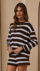 Jaeden Long Sleeve Top & Shorts Set - Blue/Chocolate Stripe