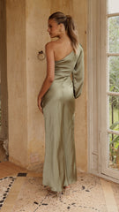 Eden One Shoulder Tie Front Maxi Dress - Olive