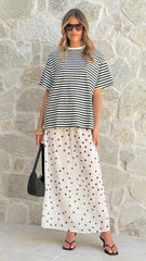 Elisha T-Shirt and Sheer Maxi Skirt Set - Black / White Stripe and Polka Dot