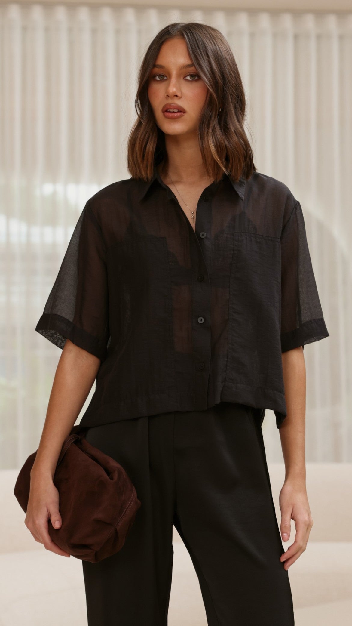 Deanna Sheer Button Up Shirt - Black