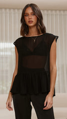 Deana Long Line Sheer Top - Black