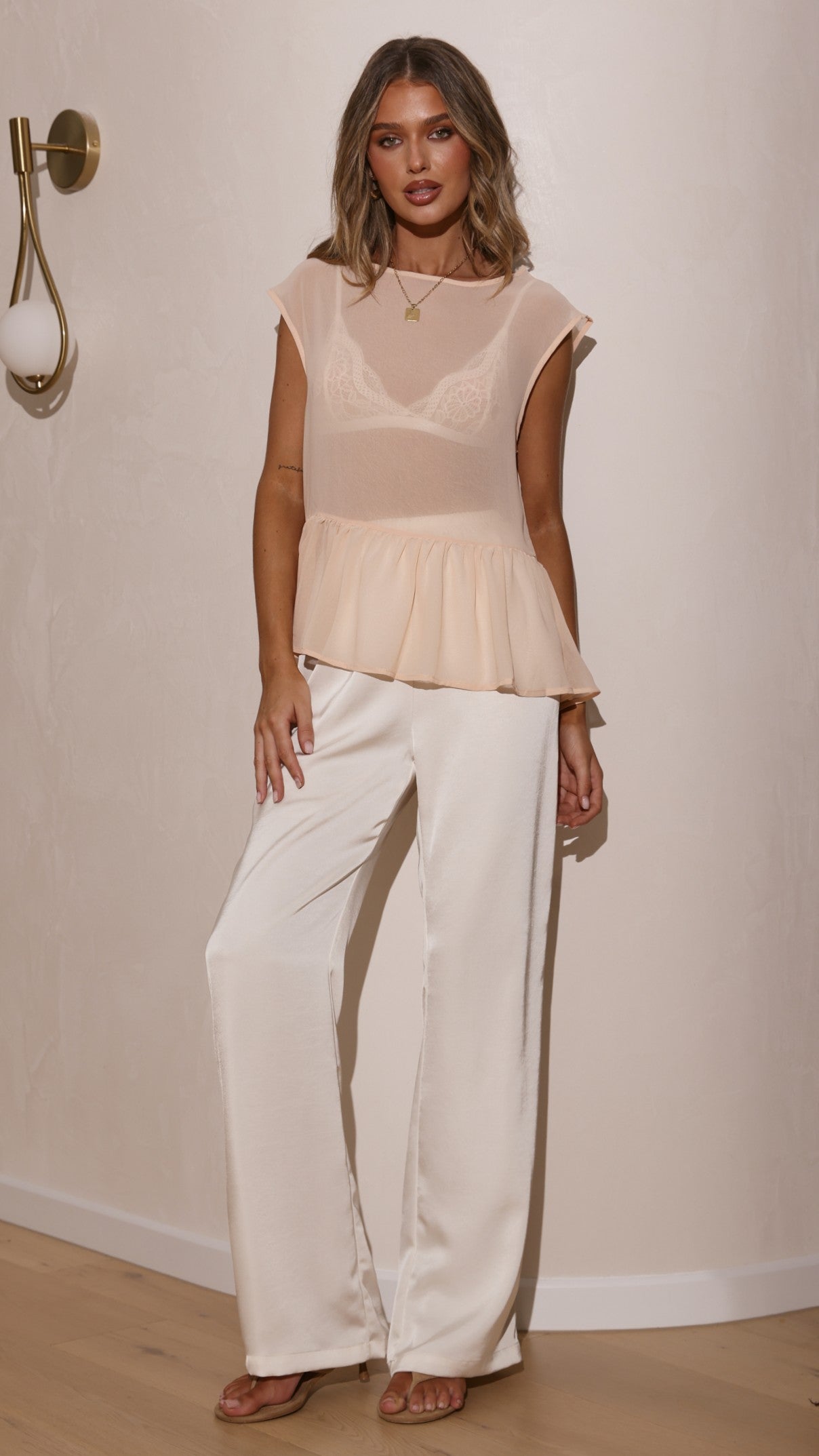 Deana Long Line Sheer Top - Beige