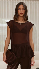 Deana Long Line Sheer Top - Brown