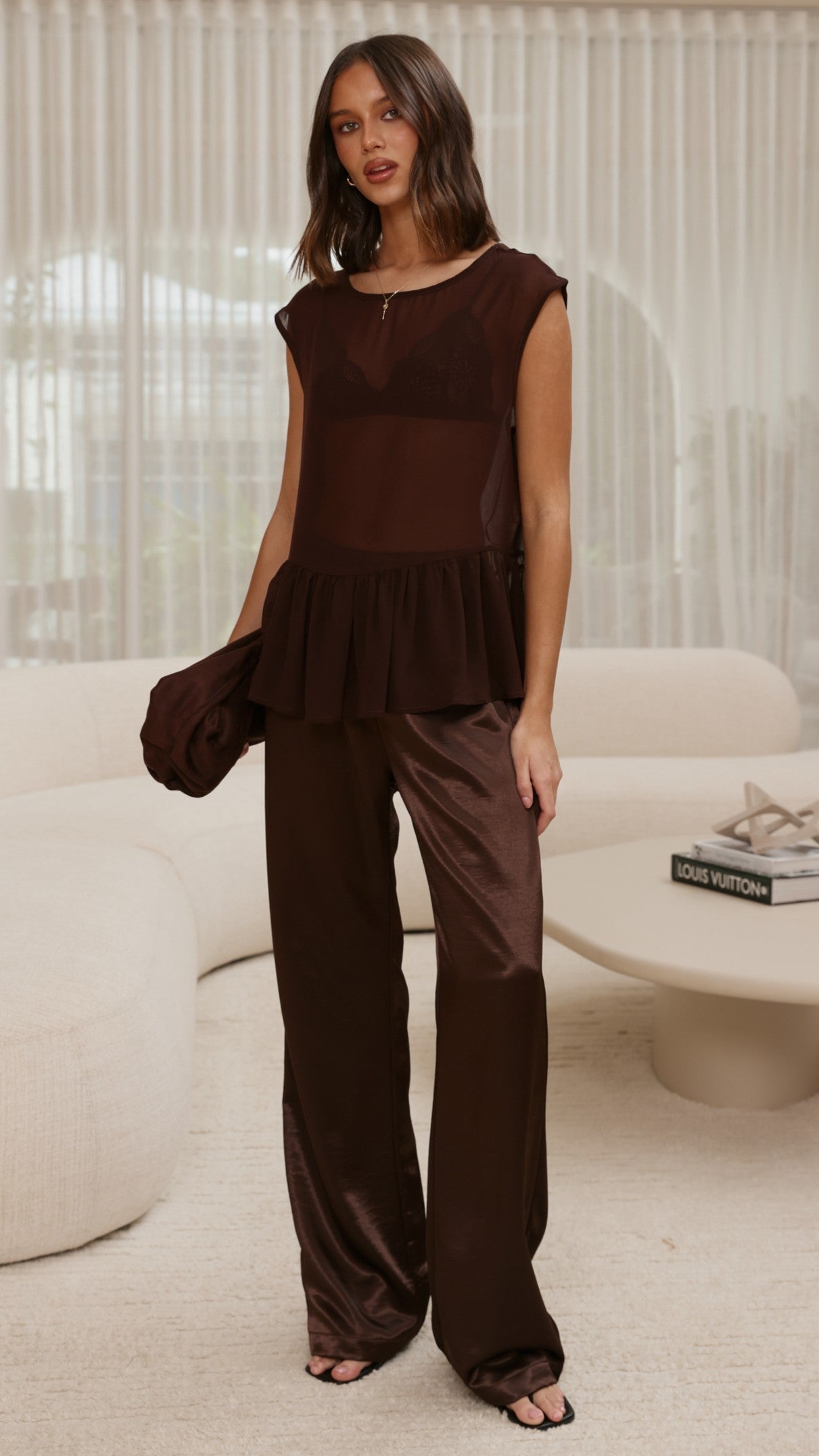 Deana Long Line Sheer Top - Brown