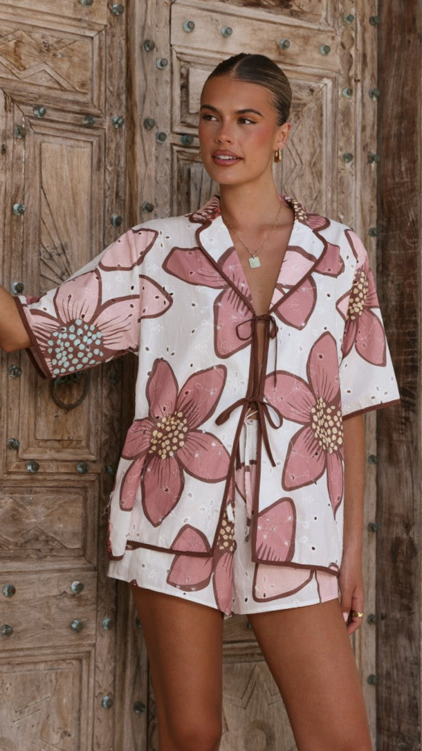 Eloise Eyelet Top - Botanic Pink Print