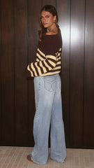 Henna Off Shoulder Knit Sweater - Yellow/Chocolate Stripe