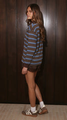 Jayana Collared Jersey Top - Blue/Green/Choc Stripe