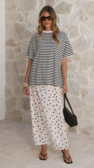 Elisha T-Shirt and Sheer Maxi Skirt Set - Black / White Stripe and Polka Dot