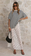 Elisha T-Shirt and Sheer Maxi Skirt Set - Black / White Stripe and Polka Dot