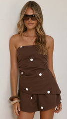 Gia Strapless Top and Shorts Set - Choc/White Polka Dot