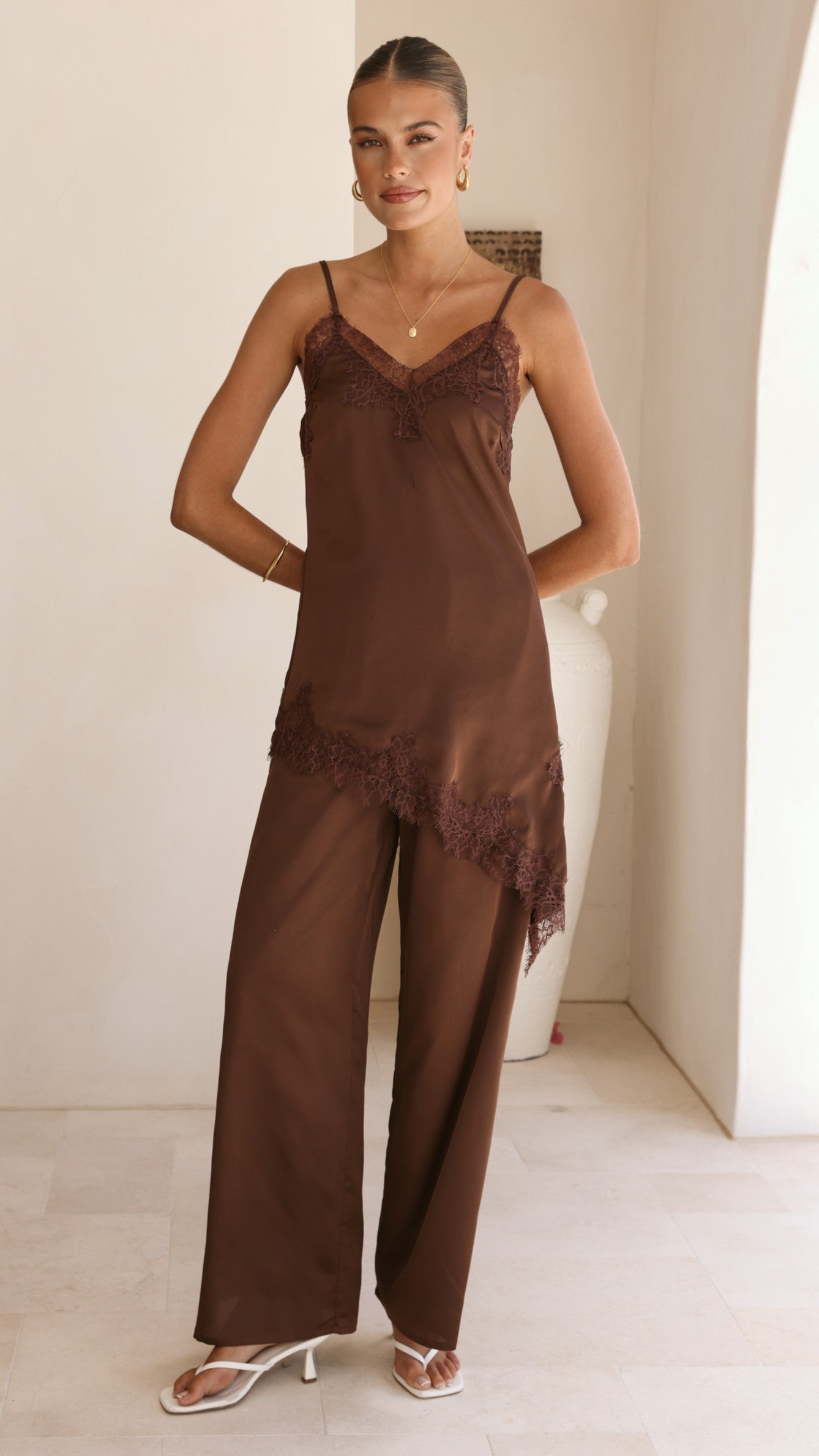 Hayleigh Asymmetrical Top and Pants Set - Chocolate/Lace
