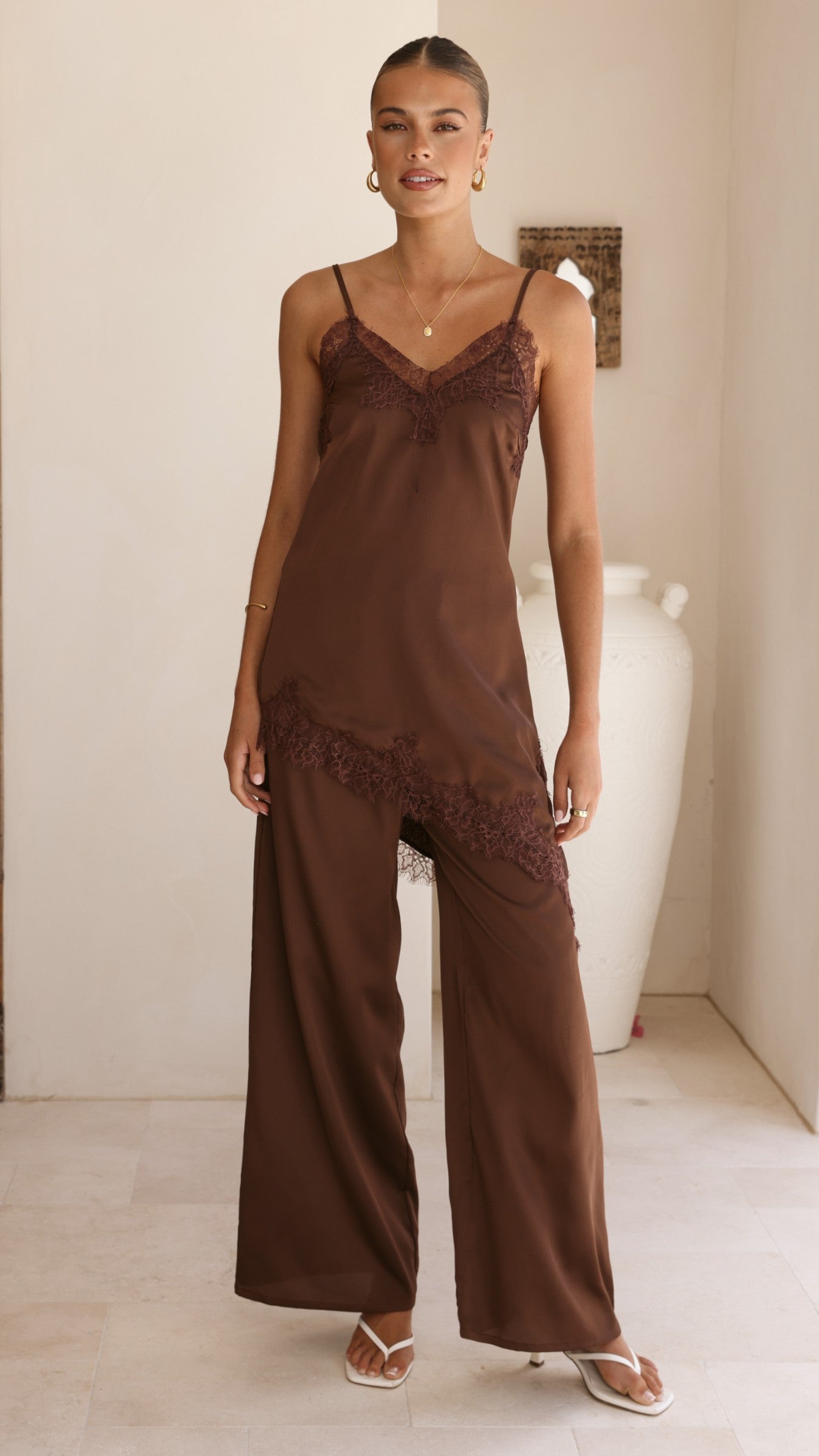 Hayleigh Asymmetrical Top and Pants Set - Chocolate/Lace