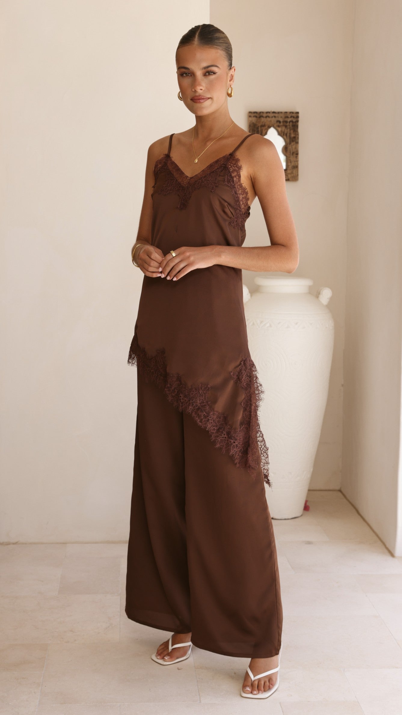 Hayleigh Asymmetrical Top and Pants Set - Chocolate/Lace