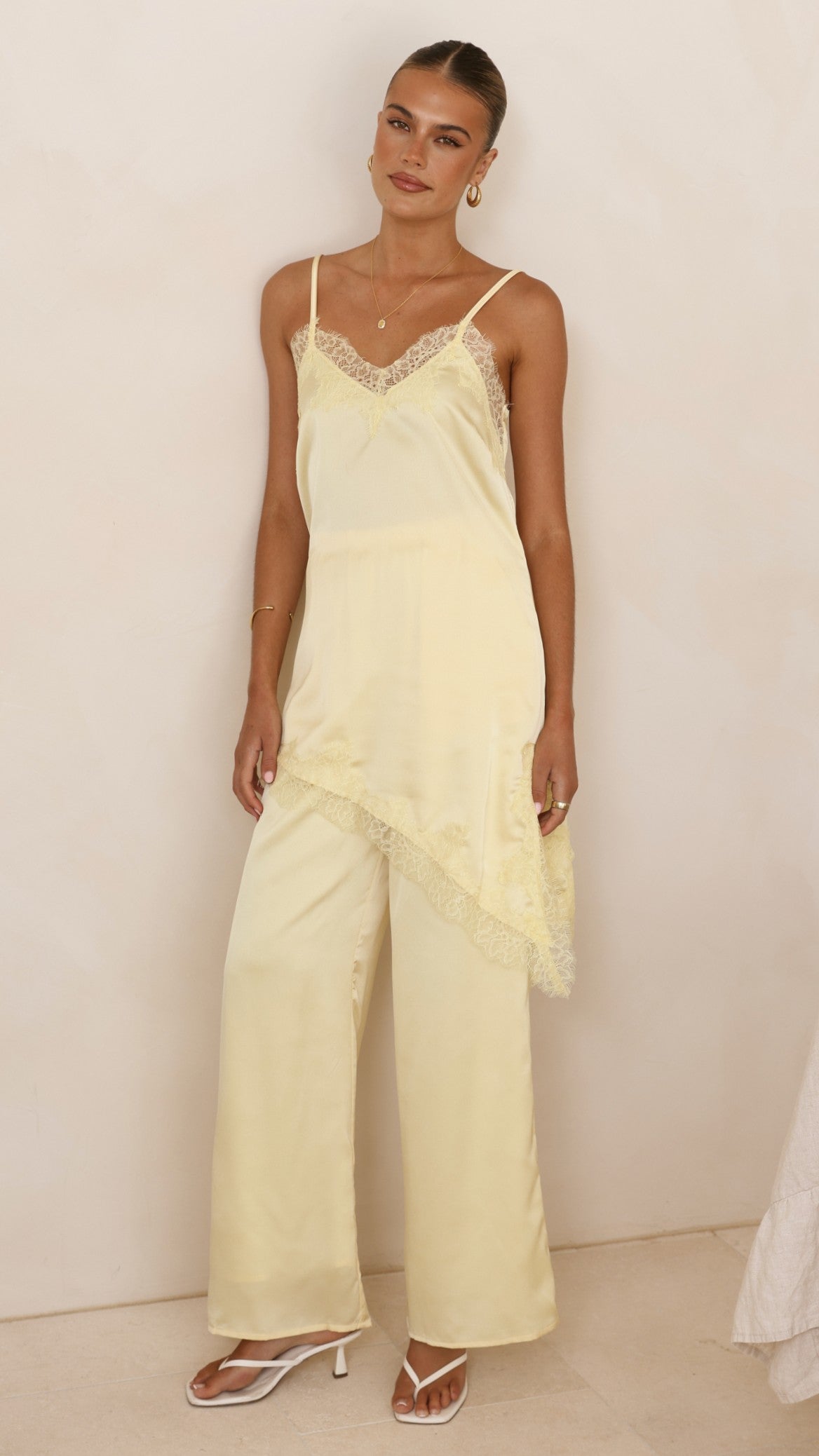 Hayleigh Asymmetrical Top and Pants Set - Yellow/Lace