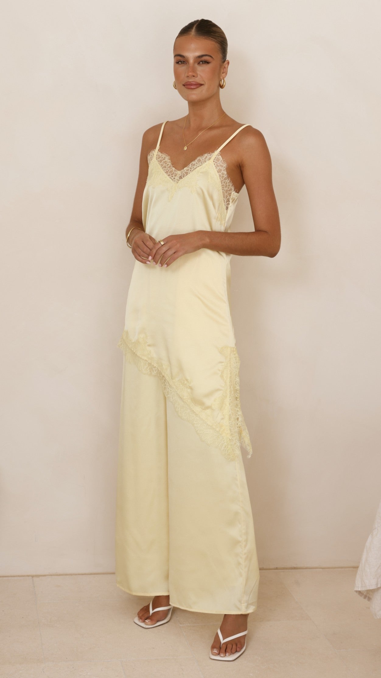 Hayleigh Asymmetrical Top and Pants Set - Yellow/Lace