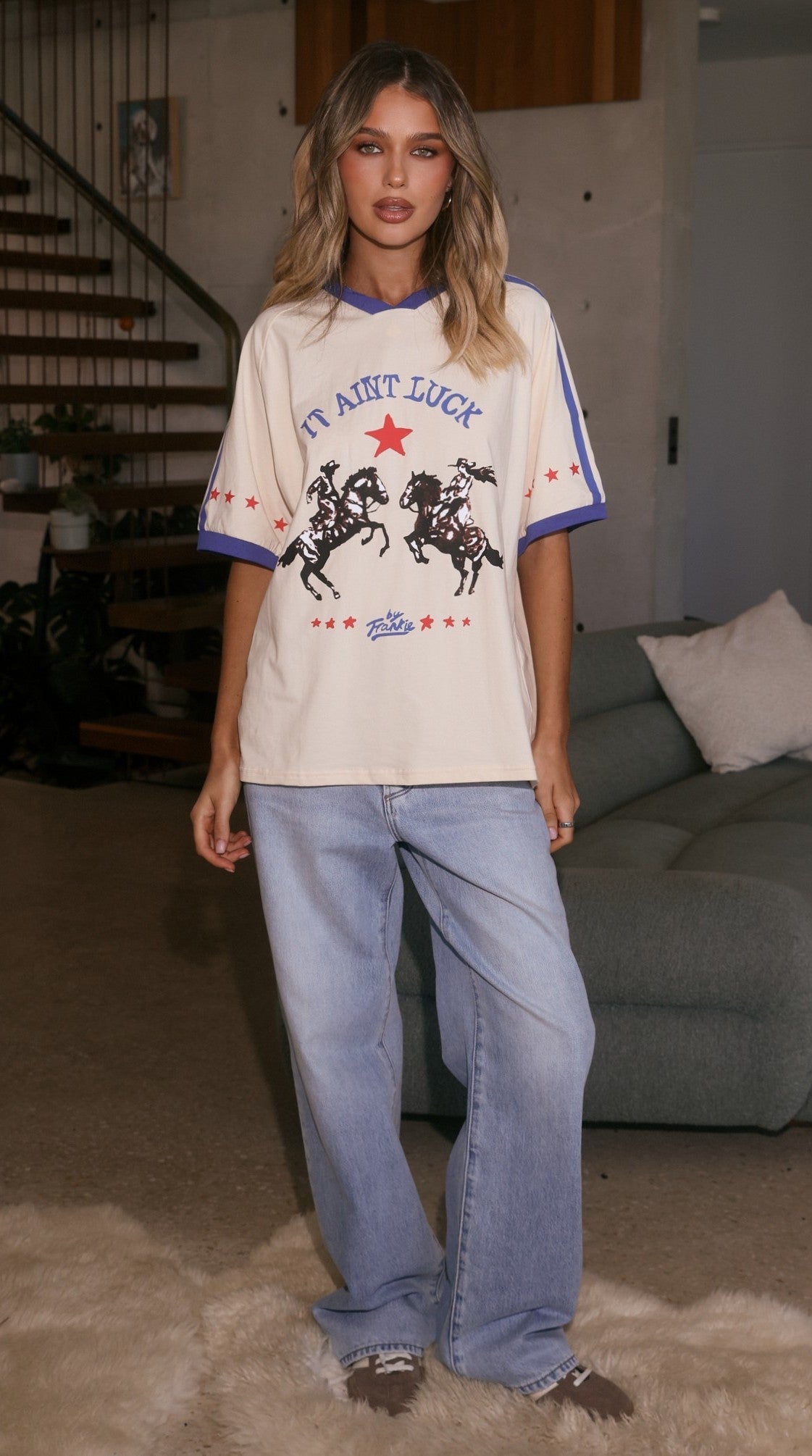 It Aint Luck Oversized T-Shirt - Beige/Blue