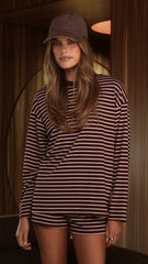 Flossie Long Sleeve Top and Shorts Set - Burgundy/Beige Stripe