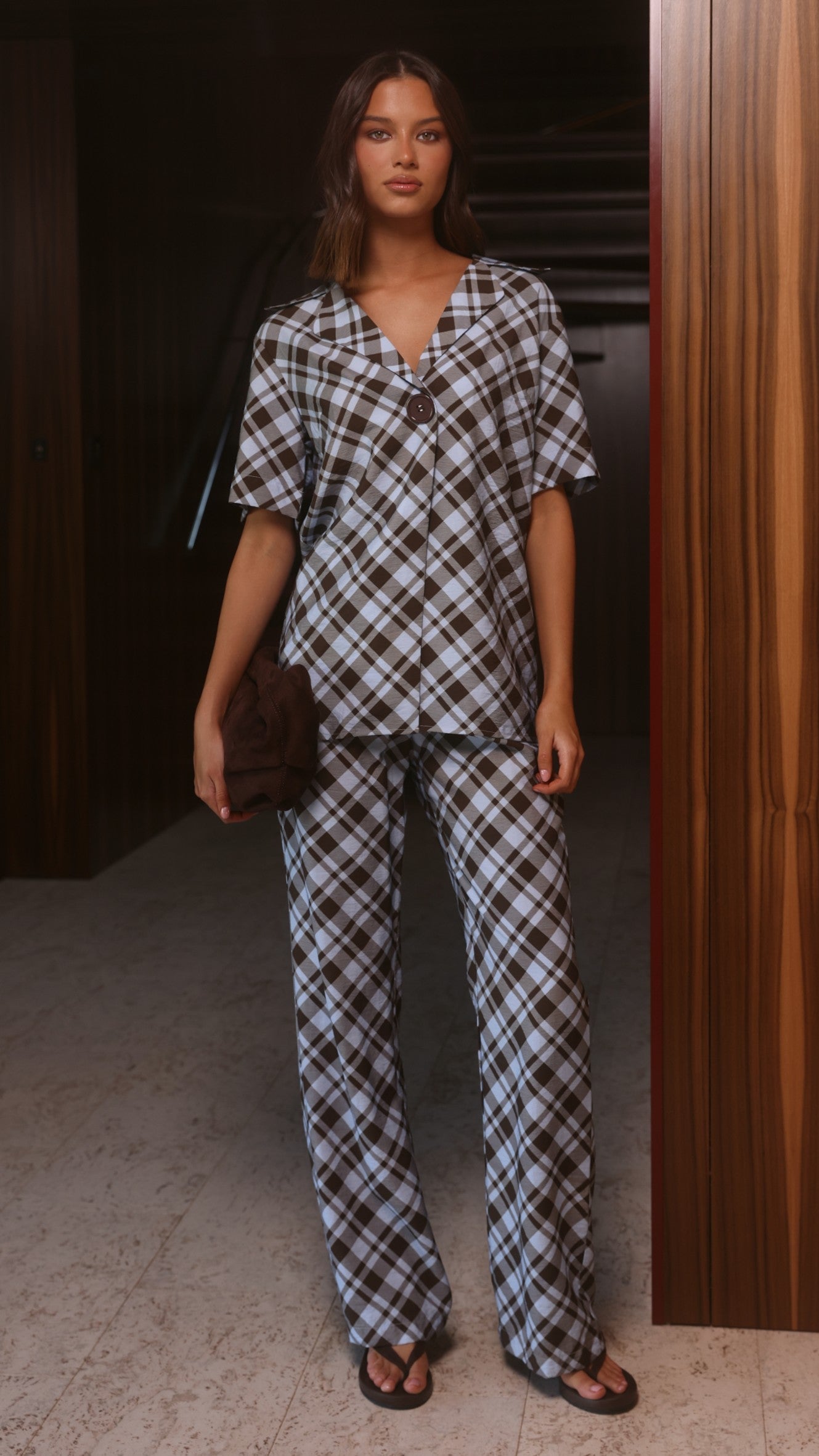Imogen Button Shirt - Chocolate/Blue Plaid