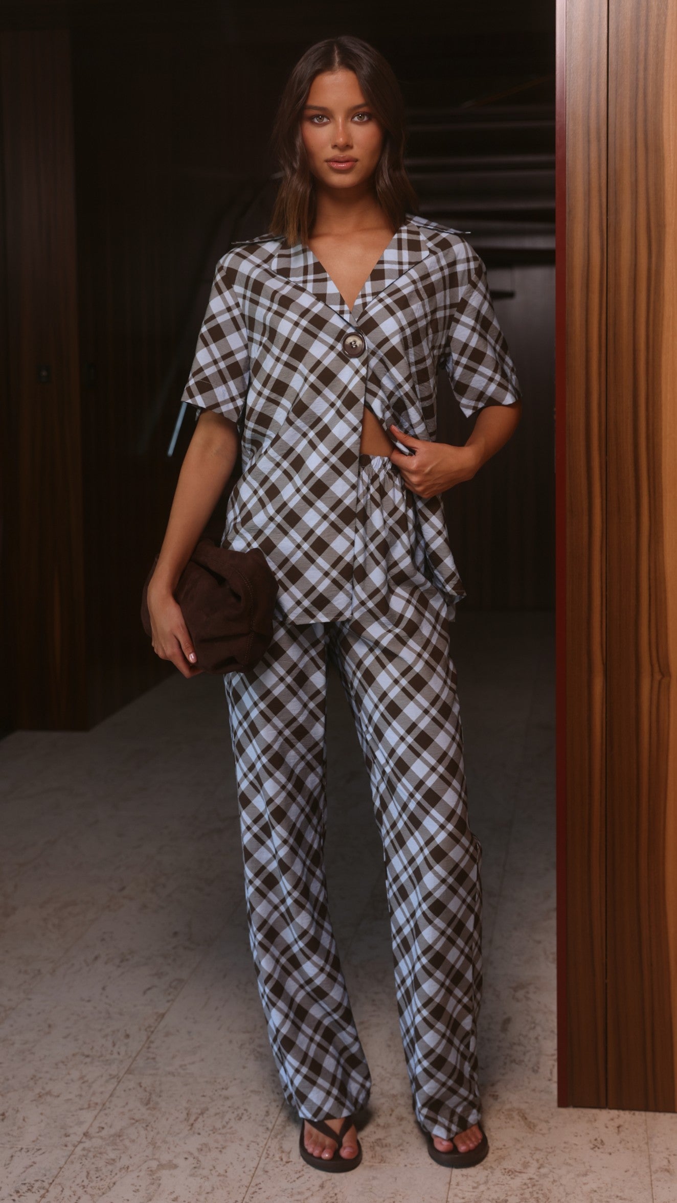 Imogen Button Shirt - Chocolate/Blue Plaid