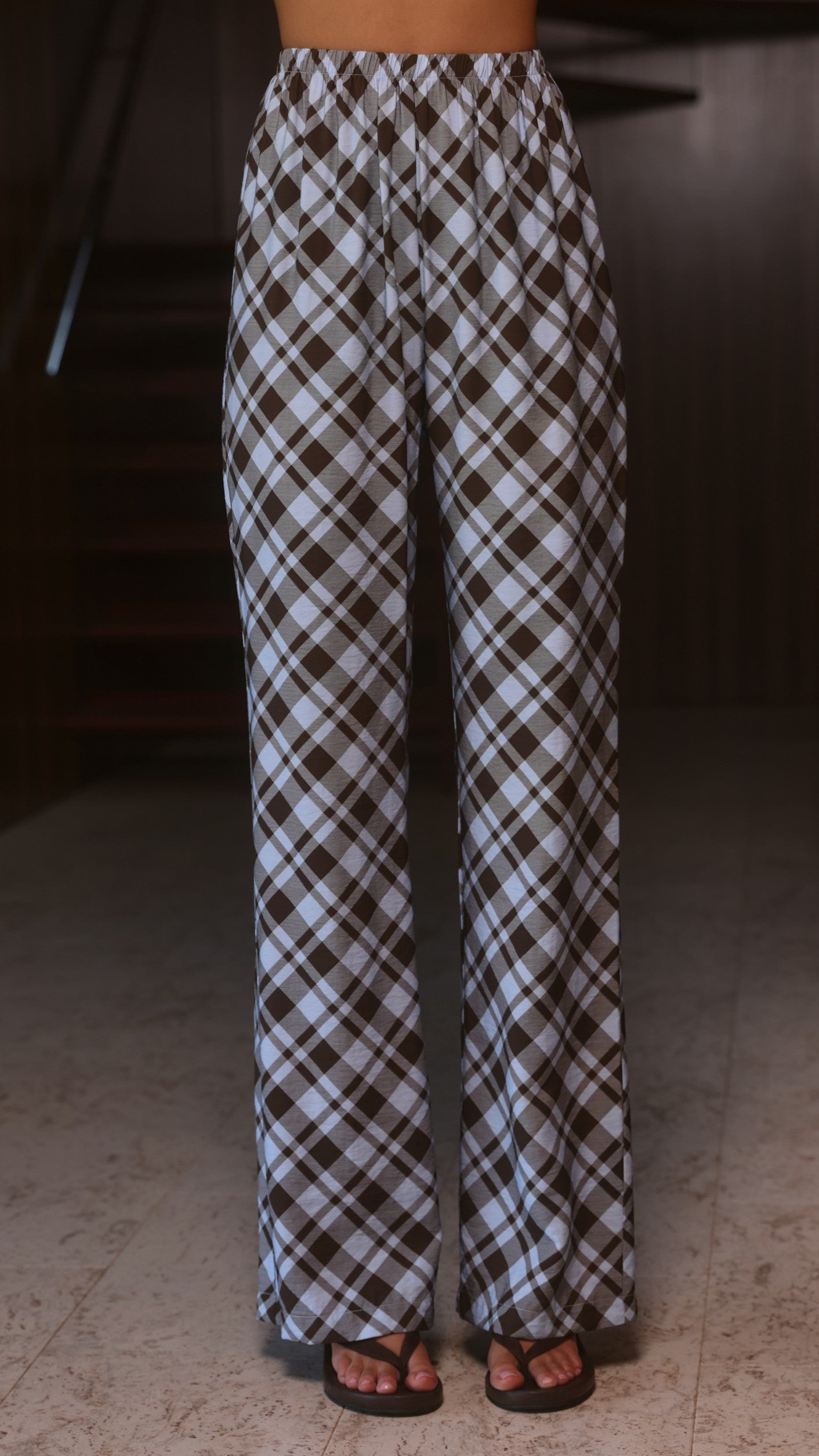 Imogen Button Pants - Chocolate/Blue Plaid