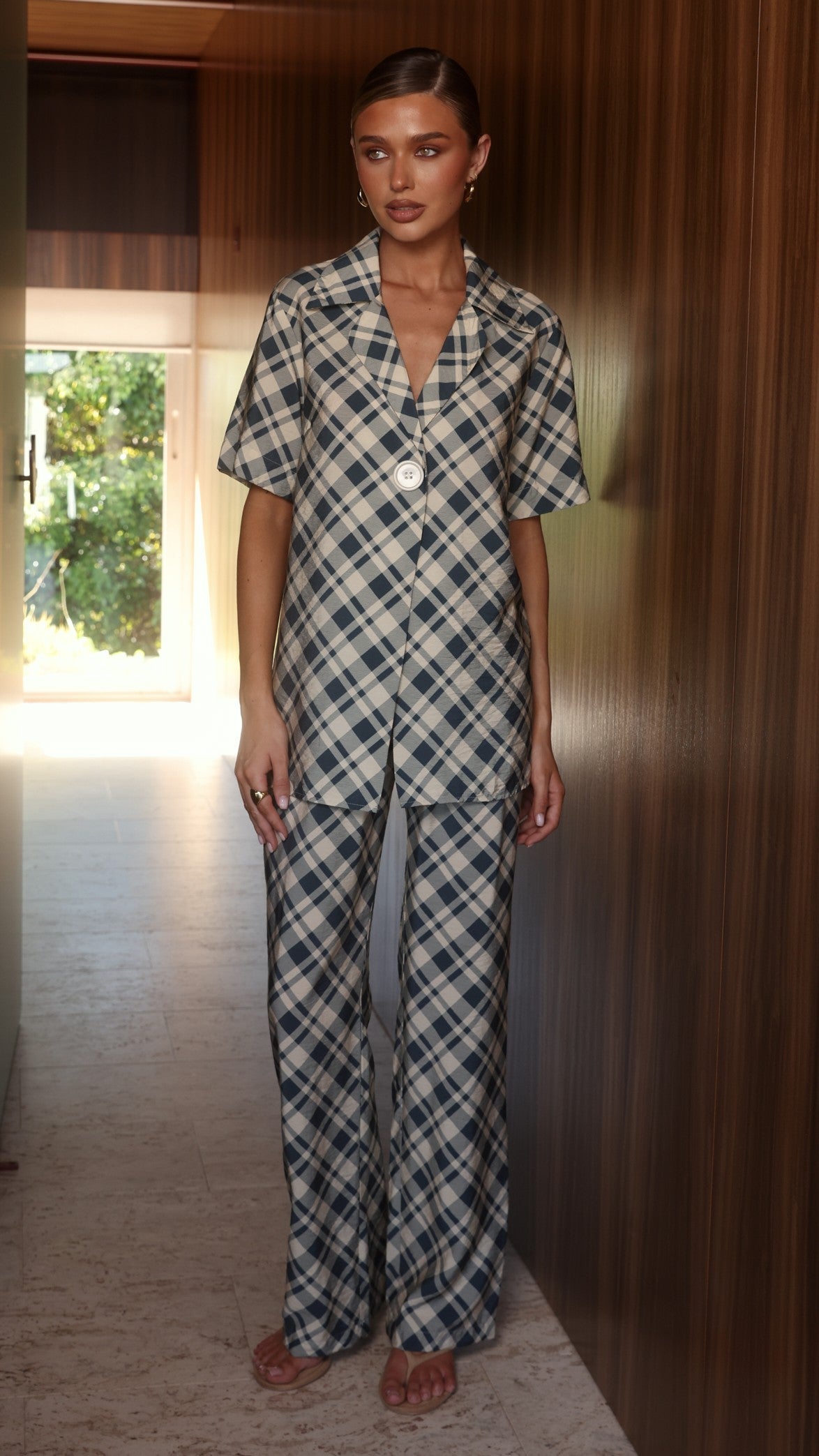 Imogen Button Shirt - Blue/Cream Plaid