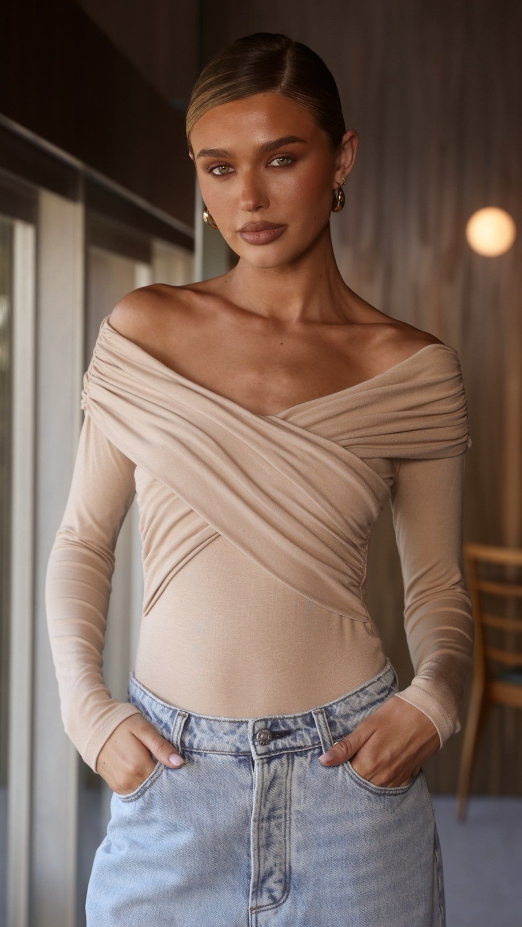 Elkie Off Shoulder Bodysuit - Beige