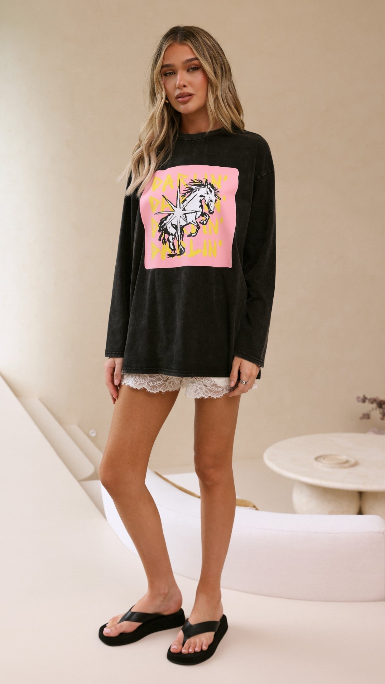 Darlin Long Sleeve Tee - Washed Black