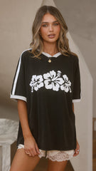 Hibiscus Oversized T-Shirt - Black Acid Wash