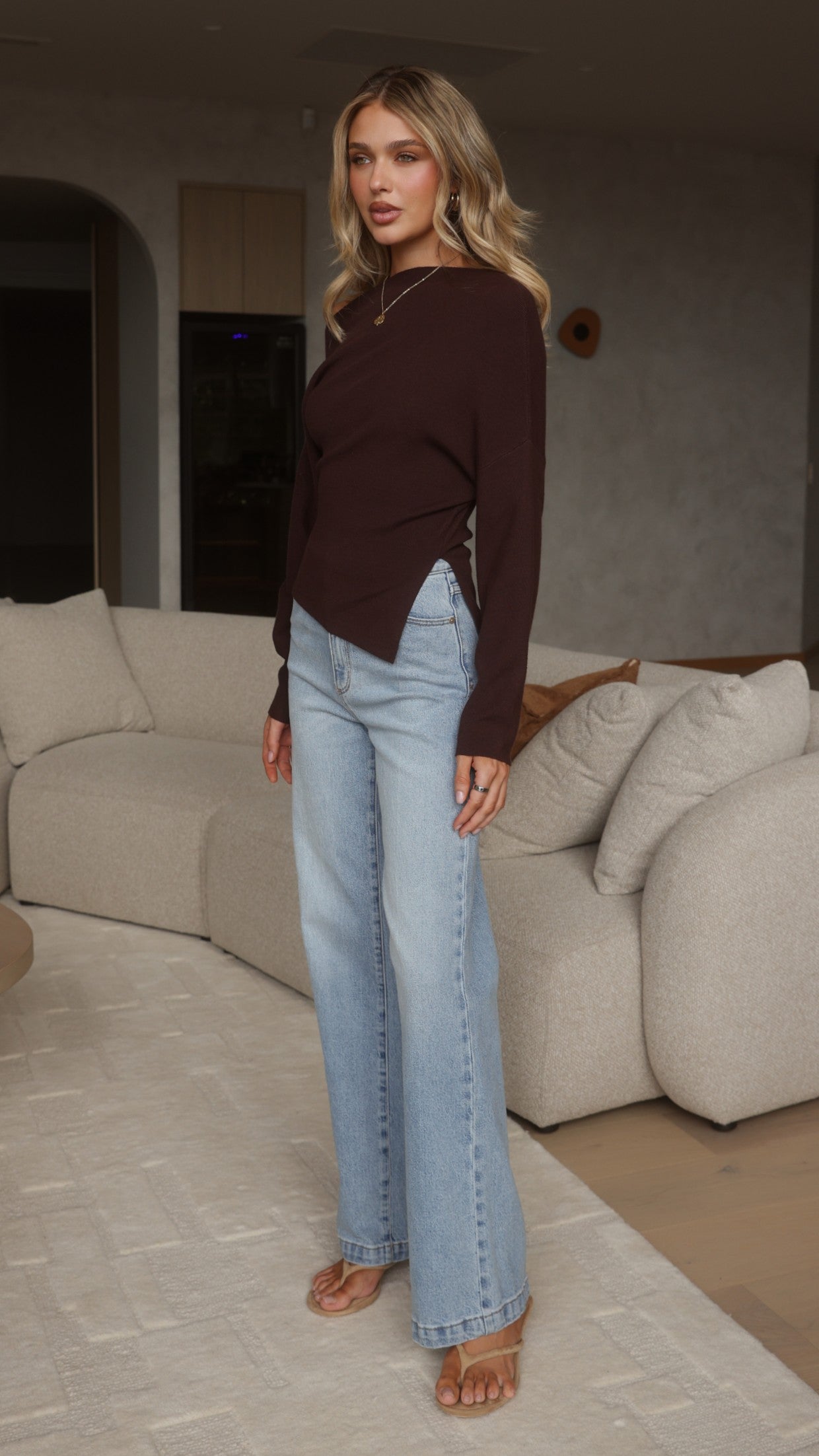 Eleora Long Sleeve Asymmetrical Top - Brown
