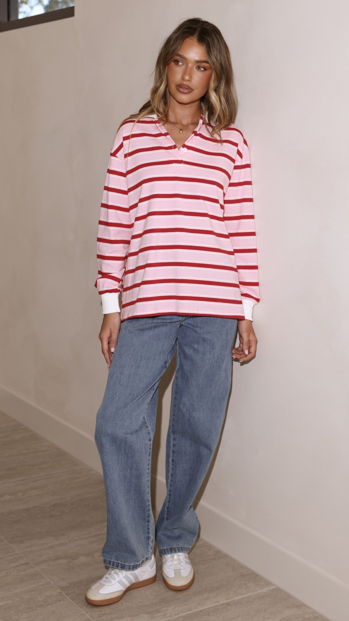 Jayana Collared Jersey Top - Red/Pink Stripe