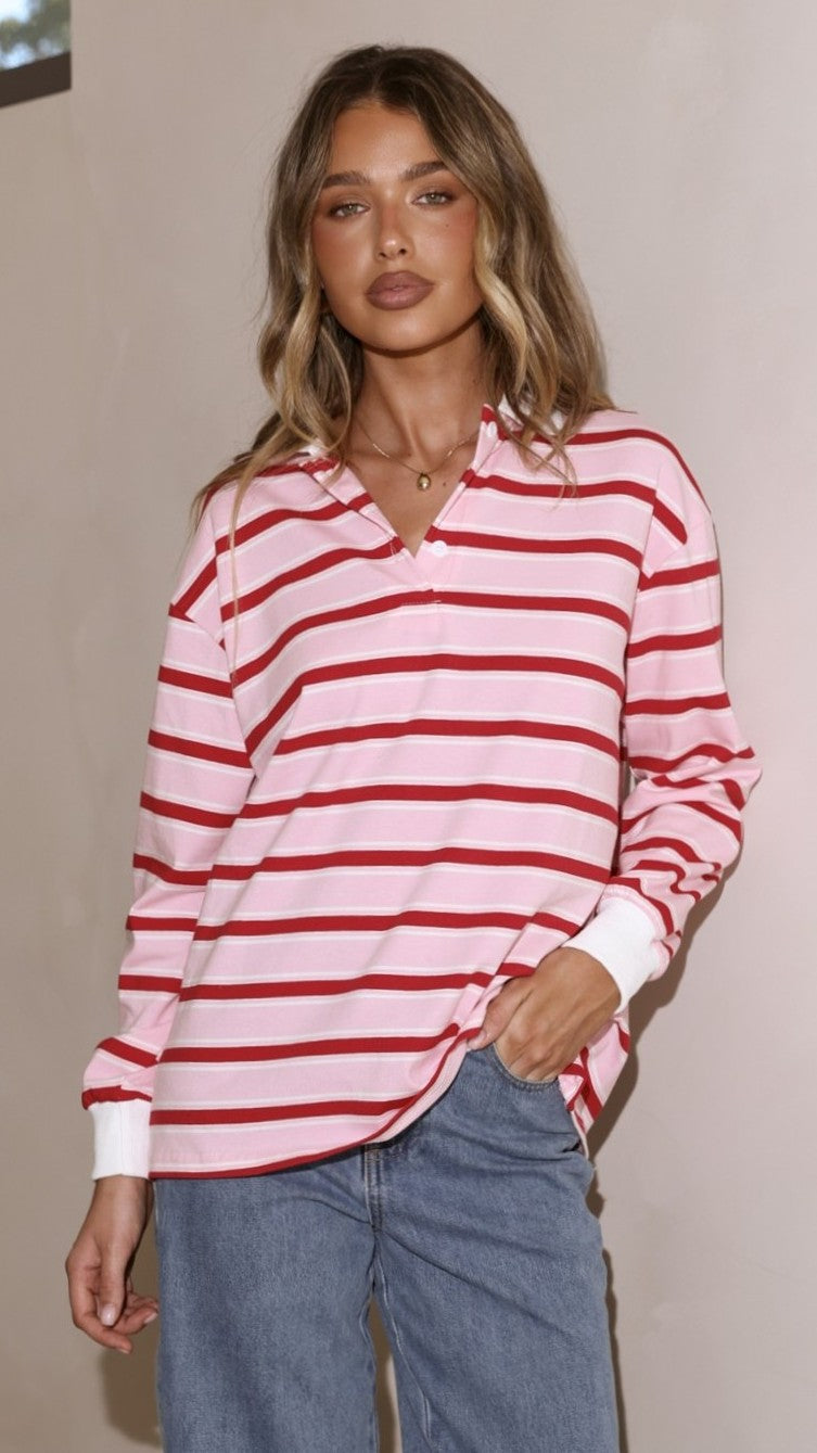 Jayana Collared Jersey Top - Red/Pink Stripe