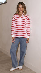 Jayana Collared Jersey Top - Red/Pink Stripe