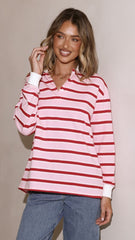 Jayana Collared Jersey Top - Red/Pink Stripe